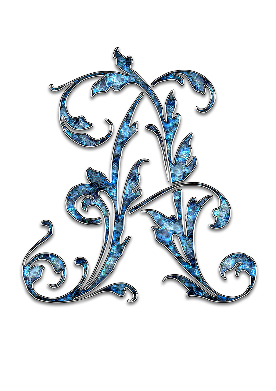 a close up of a metal letter on a black background, a digital rendering, arabesque, fractal blue leaves, russian, stained glass background, iphone background