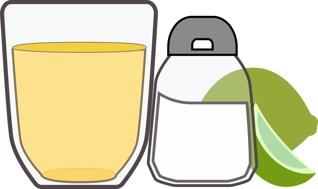 a glass of lemonade next to a salt shaker, a screenshot, pixabay, clipart icon, cooking oil, looking from shoulder, black and yellow colors