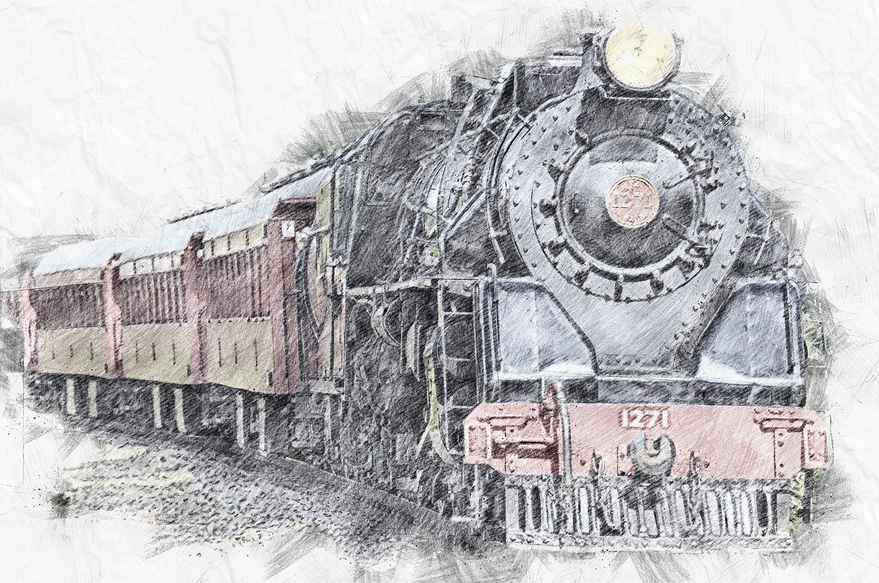 a close up of a train on a train track, a digital rendering, by Kathleen Scott, sketch style, preserved historical, cp2077, big engine