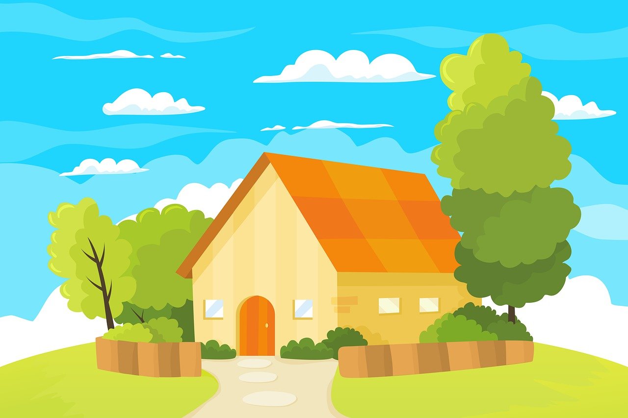 a house sitting on top of a lush green hillside, an illustration of, shutterstock, sunny park background, cartoon style illustration, simple and clean illustration, inside house in village
