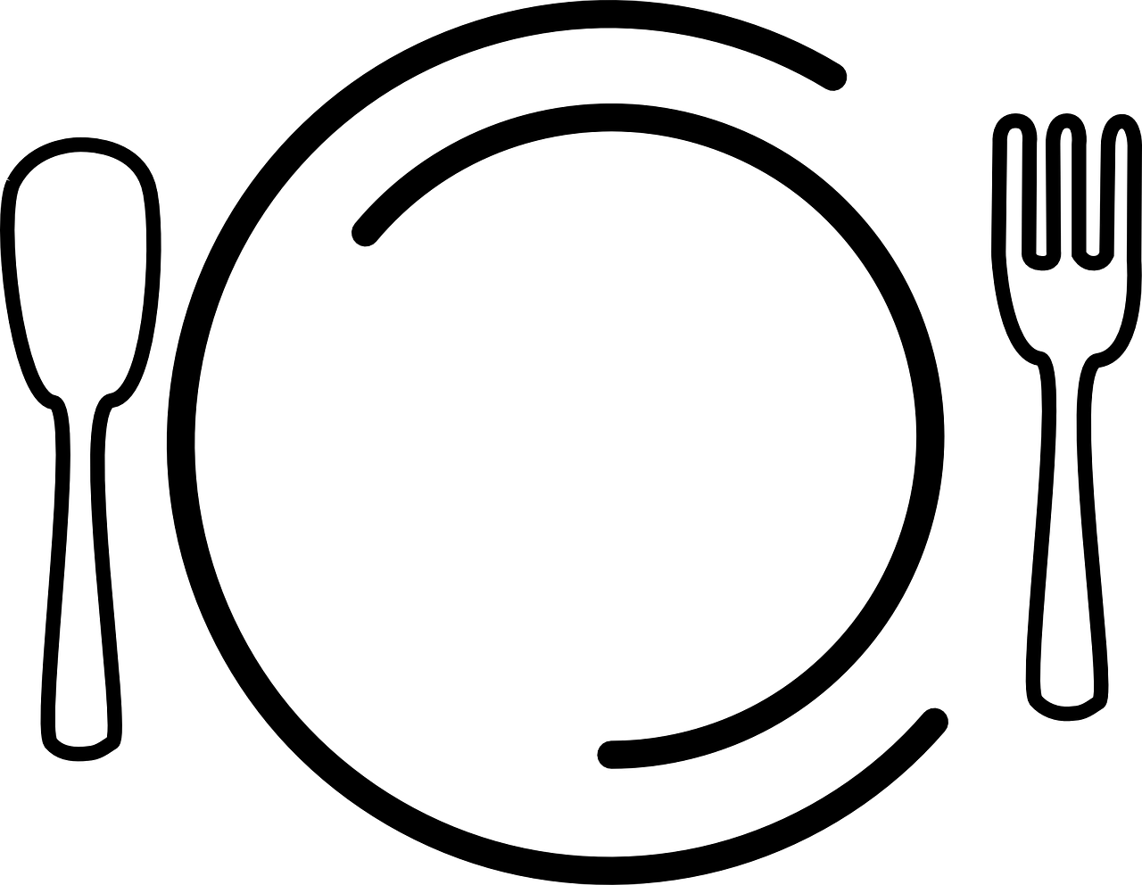 a plate with a fork and knife on it, a screenshot, inspired by João Artur da Silva, computer art, stylized bold outline, enso, white on black, sahara comics logo