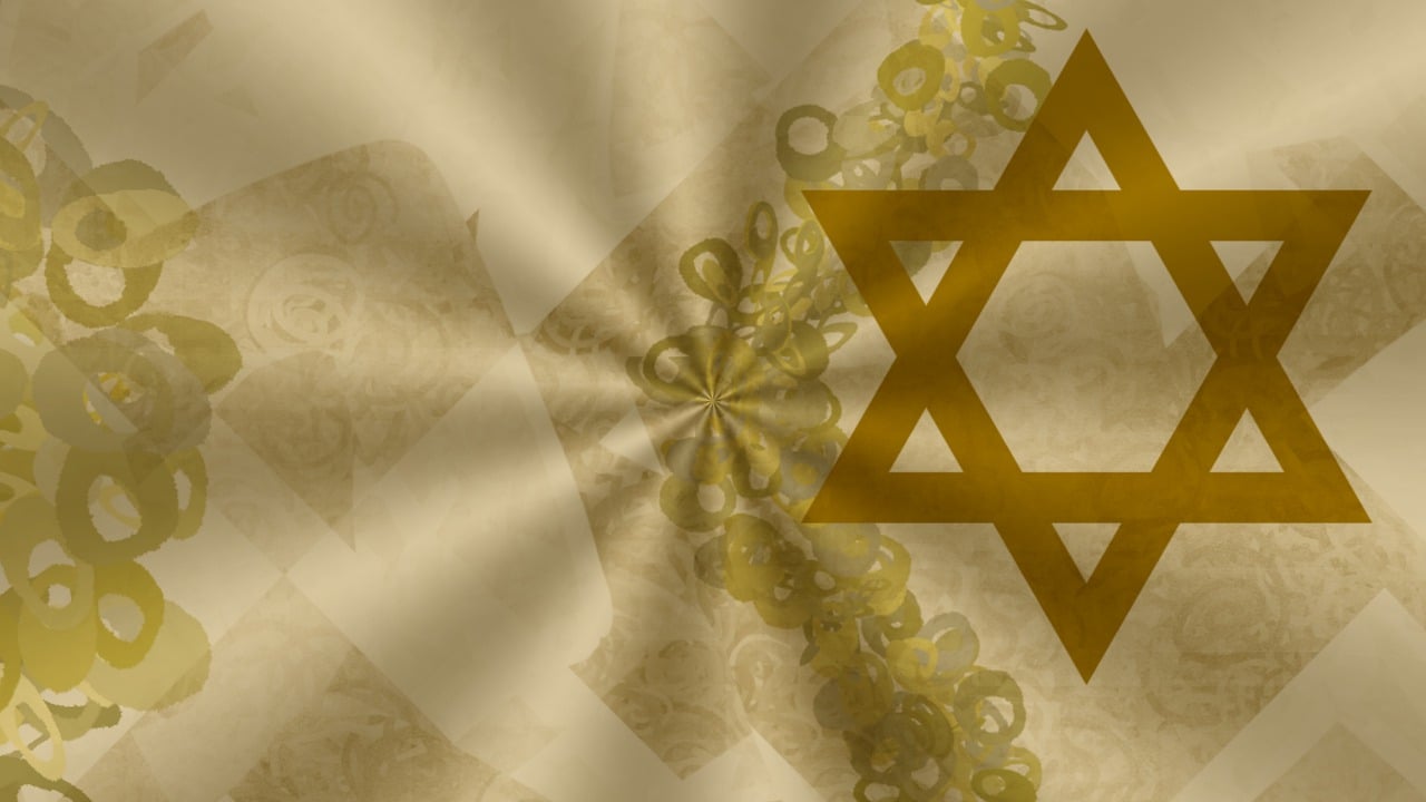 an image of a golden star of david, a digital rendering, inspired by Israel Tsvaygenbaum, flowing golden scarf, in a shapes background, gold linens, olive