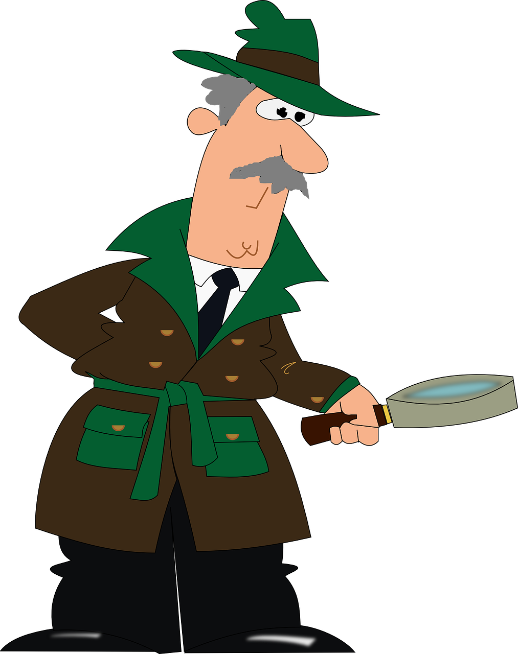 a cartoon man holding a magnifying glass, by Hugh Hughes, pixabay, digital art, detective coat, from family guy, wearing green jacket, he is wearing a trenchcoat