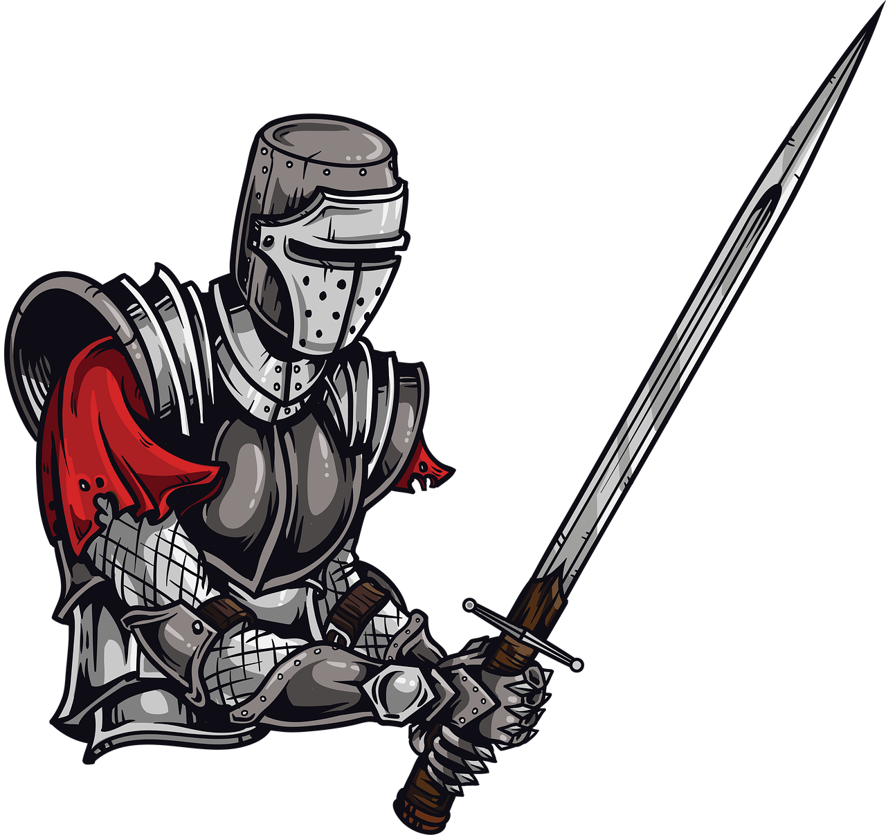 a knight in full armor holding a sword, an illustration of, shutterstock, high quality illustration, silver and crimson ink, mascot illustration