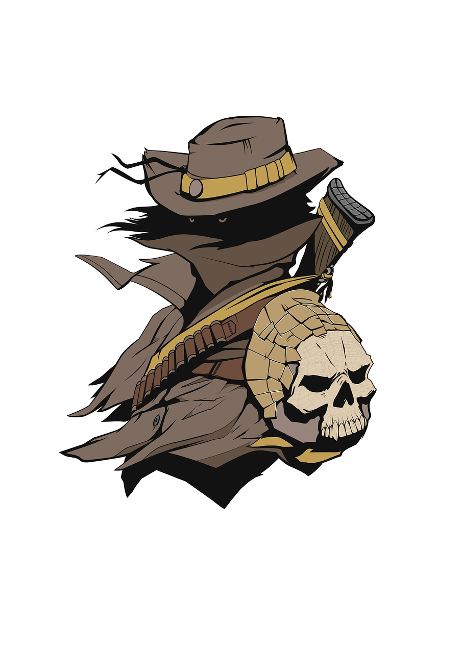 a skull wearing a hat and holding a knife, concept art, metal gear style, caracter with brown hat, man is carrying a rifle, full color illustration