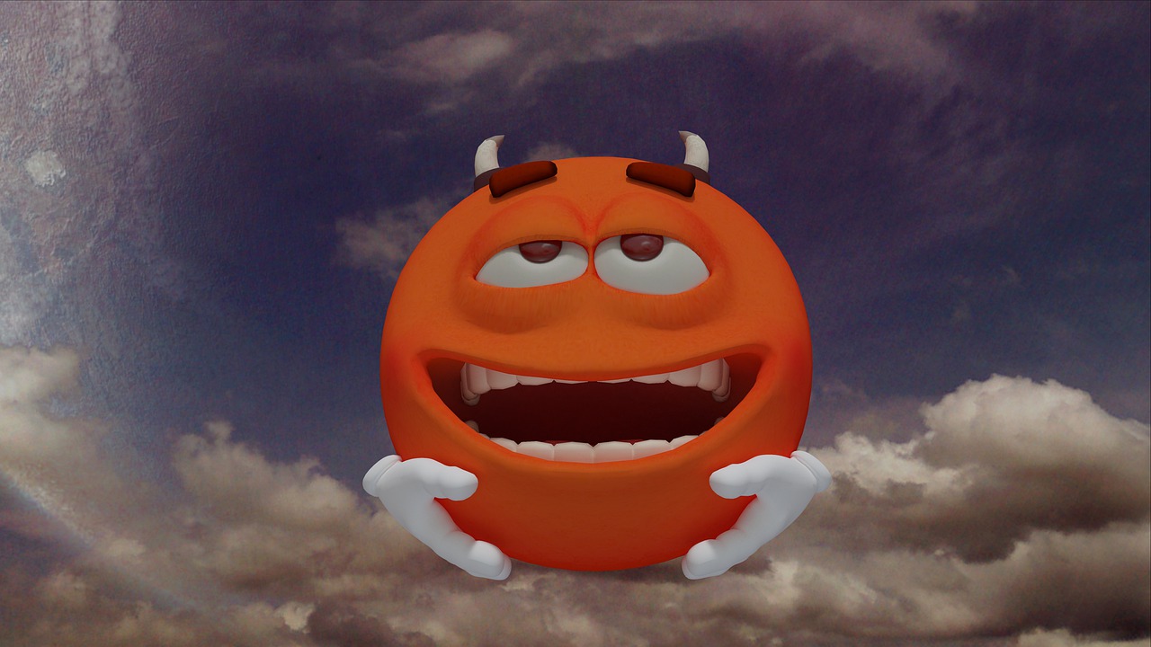 an orange monster is flying in the sky, inspired by Heinz Anger, trending on zbrush central, laughing emoji, spherical, big sky, devils