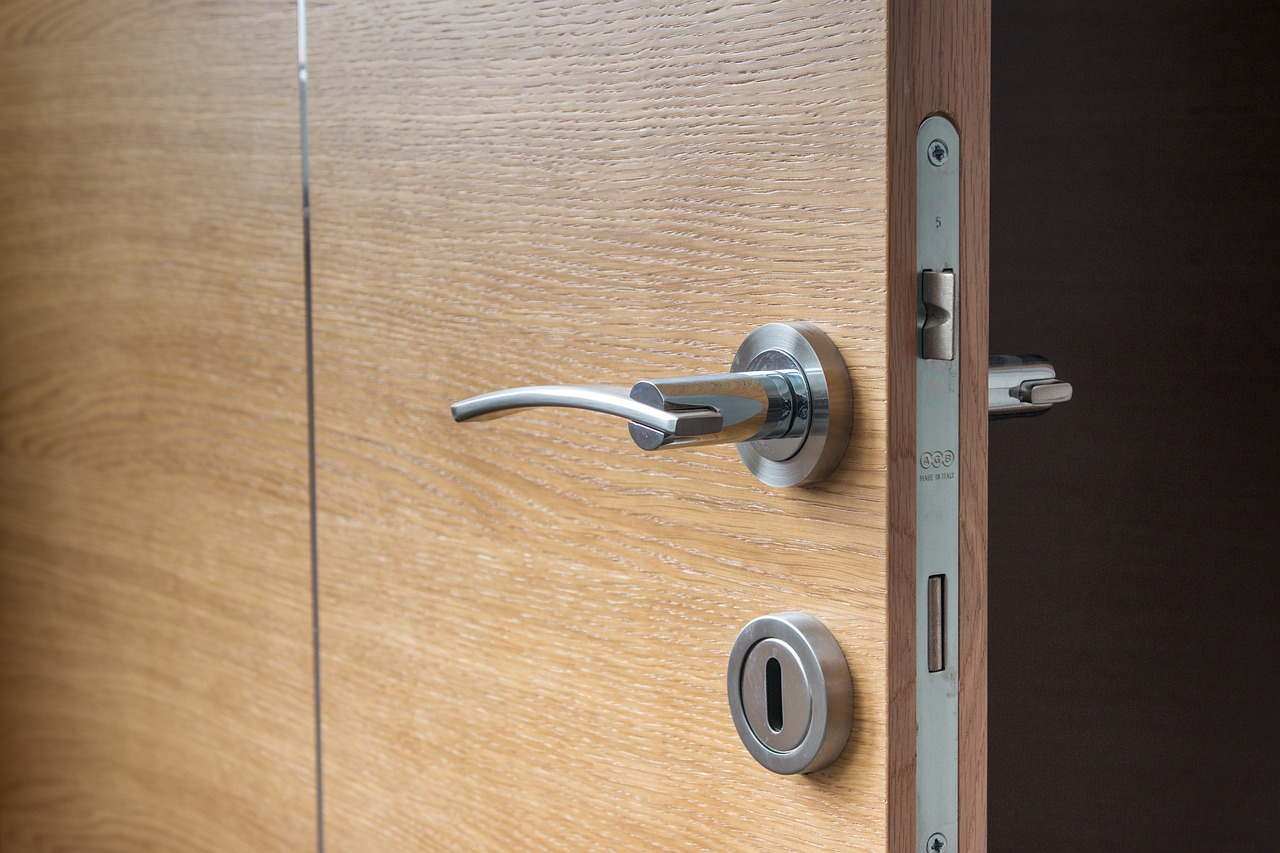 a close up of a door handle on a wooden door, modular item, leaving a room, metal key for the doors, complaints