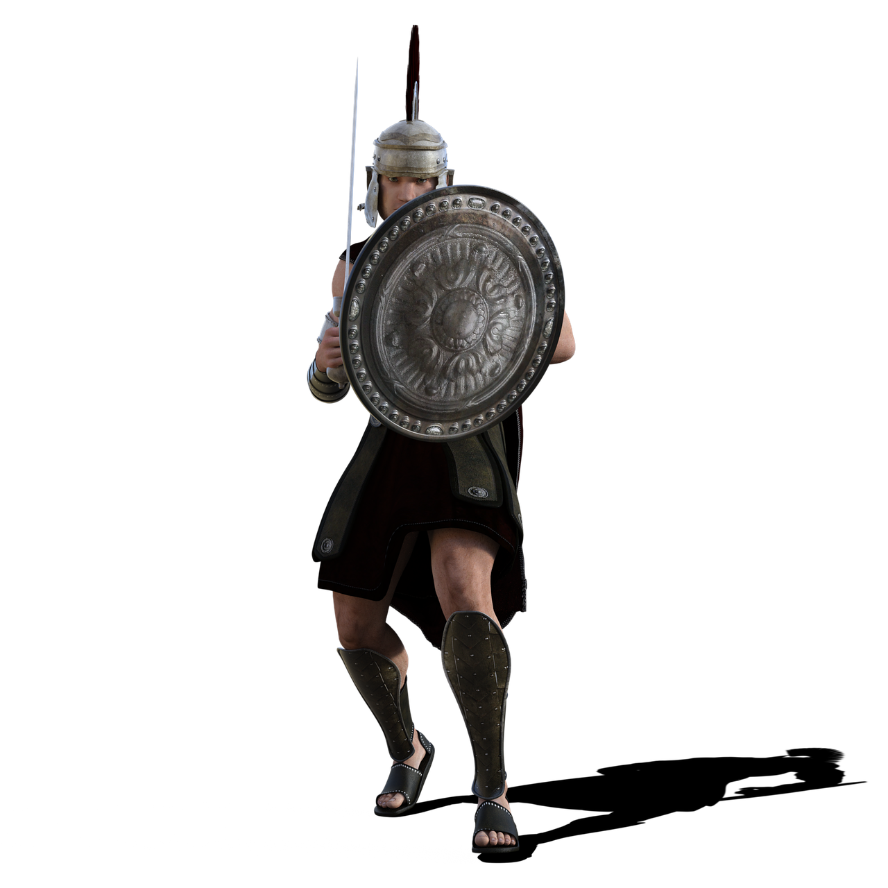 a man in armor holding a shield and sword, a raytraced image, inspired by Roman Bezpalkiv, polycount, sots art, greek amazon warrior, ingame image, wearing a toga and sandals, silver