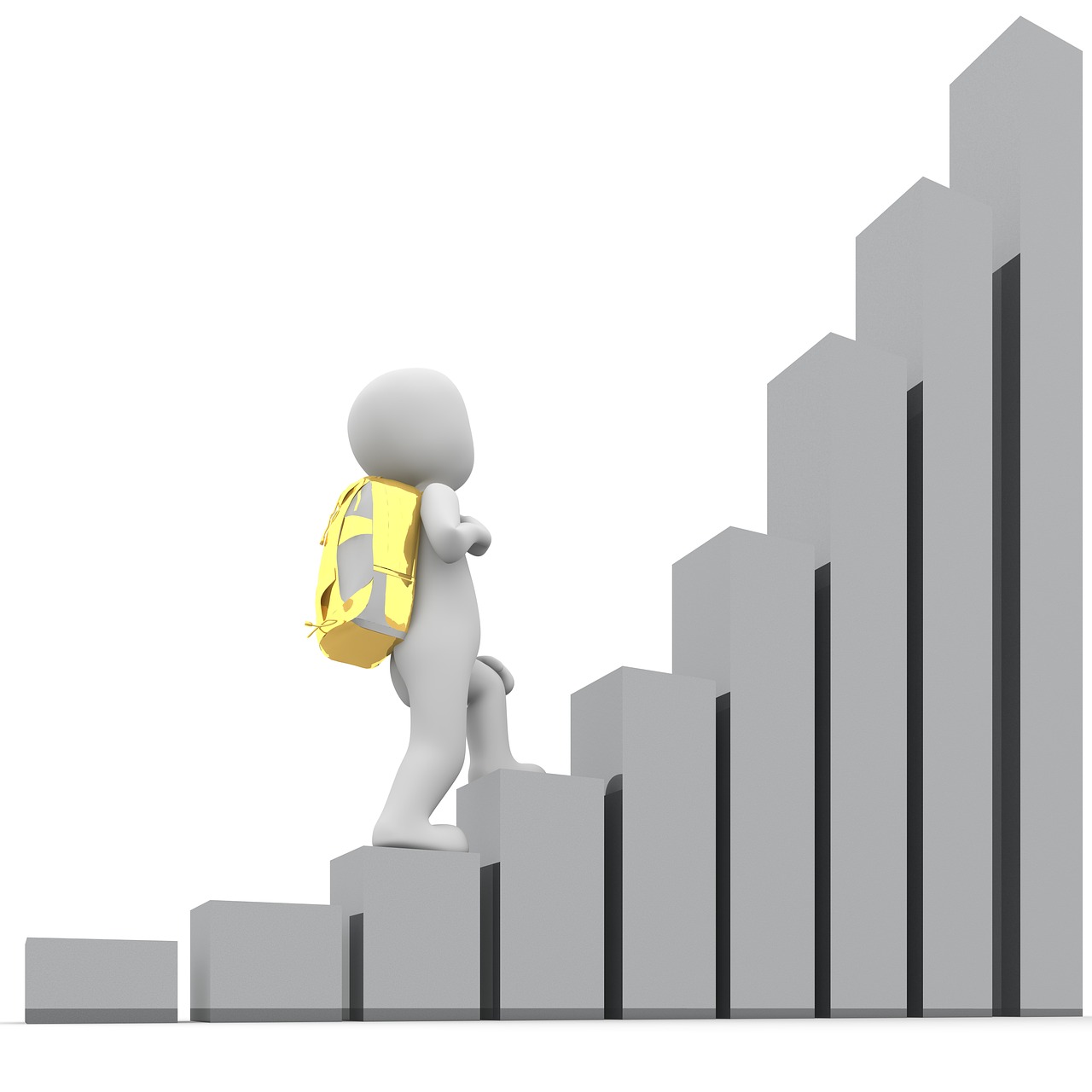 a person with a backpack walking up a set of stairs, trending on pixabay, happening, graphs, isolated on white background, 3 d image, 2 0 1 0 photo