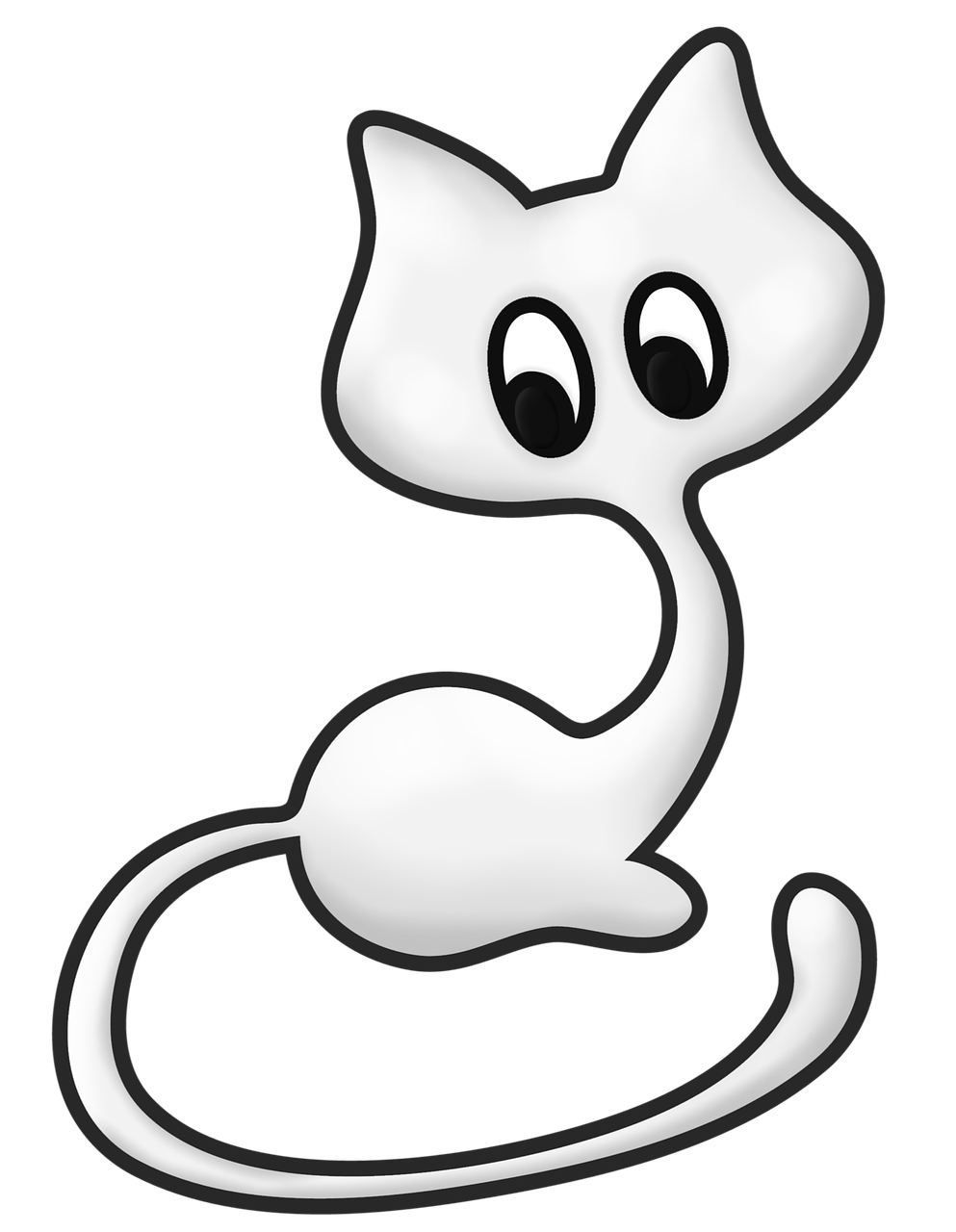 a white cat with big eyes on a black background, an ambient occlusion render, inspired by Jean Arp, pixabay, mingei, cat tail, !!! very coherent!!! vector art, cute funny ghost, in the shape of a rat