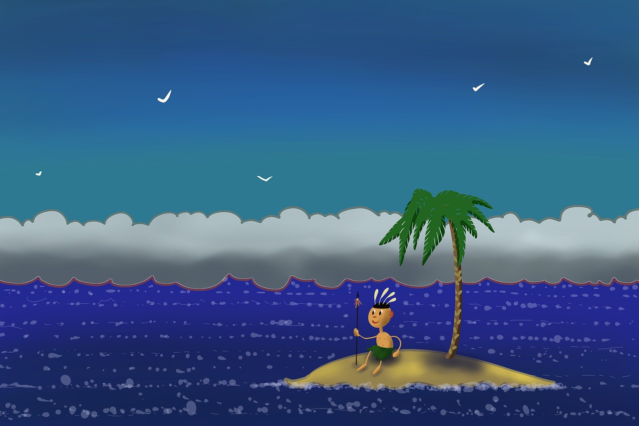 a man sitting on a small island in the middle of the ocean, an illustration of, inspired by Eiichiro Oda, naive art, tourist photo, flash photo, pirates, cel illustration