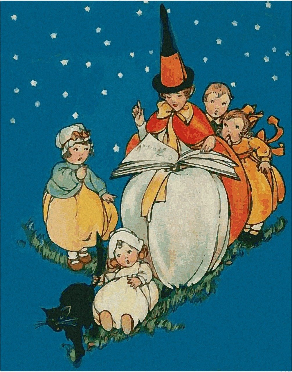 a group of children sitting on top of a pile of books, a storybook illustration, by Jessie Willcox Smith, shutterstock, folk art, holding a jack - o - lantern, wizard examining eggs, 1 6 x 1 6, coloured woodcut