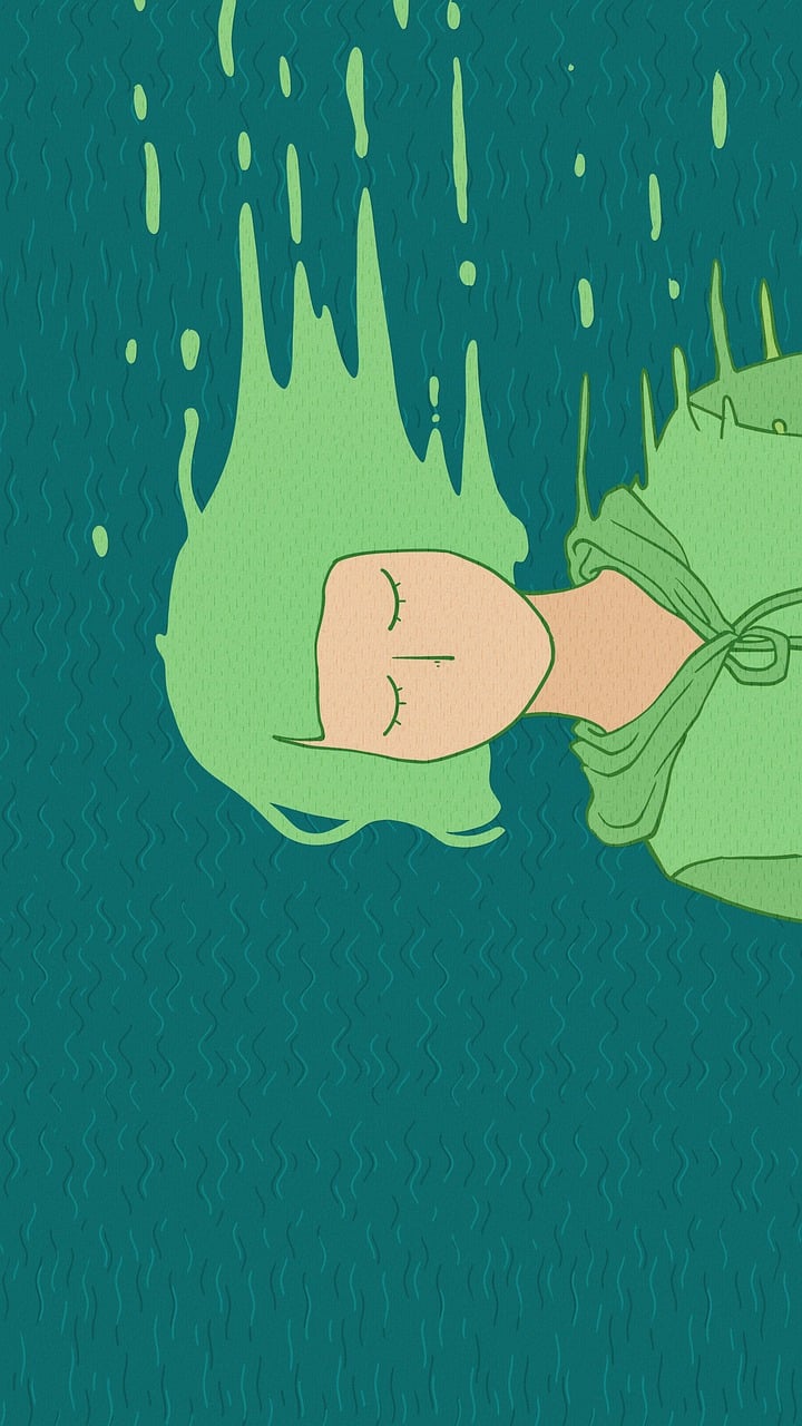 a close up of a person laying on a pillow, an anime drawing, inspired by Michael Deforge, trending on deviantart, green water, wallpaper background, with closed eyes, akira style illustration