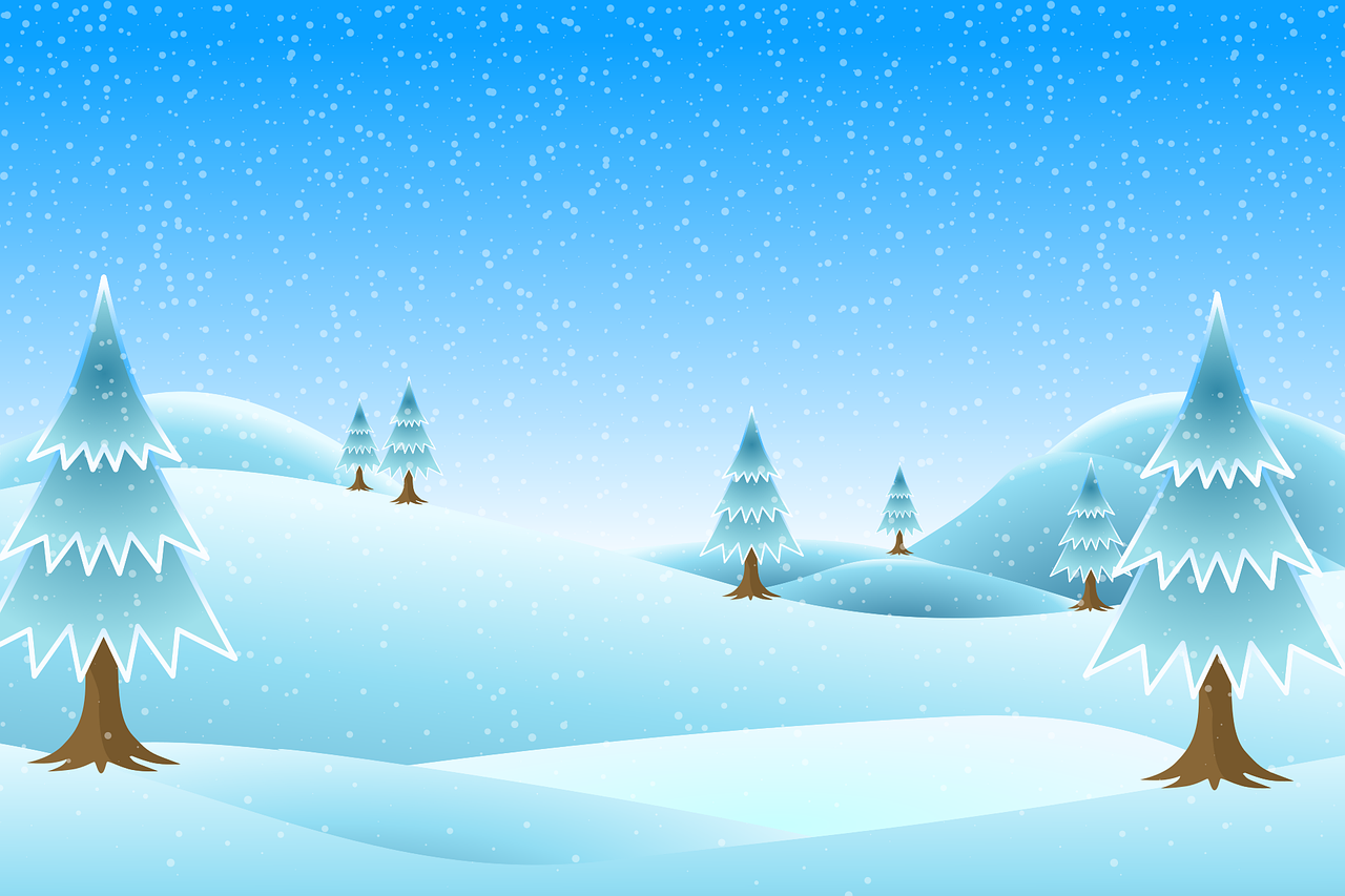 a snowy landscape with trees and snow flakes, an illustration of, shutterstock, naive art, cartoonish vector style, cypresses and hills, simple and clean illustration, iphone wallpaper