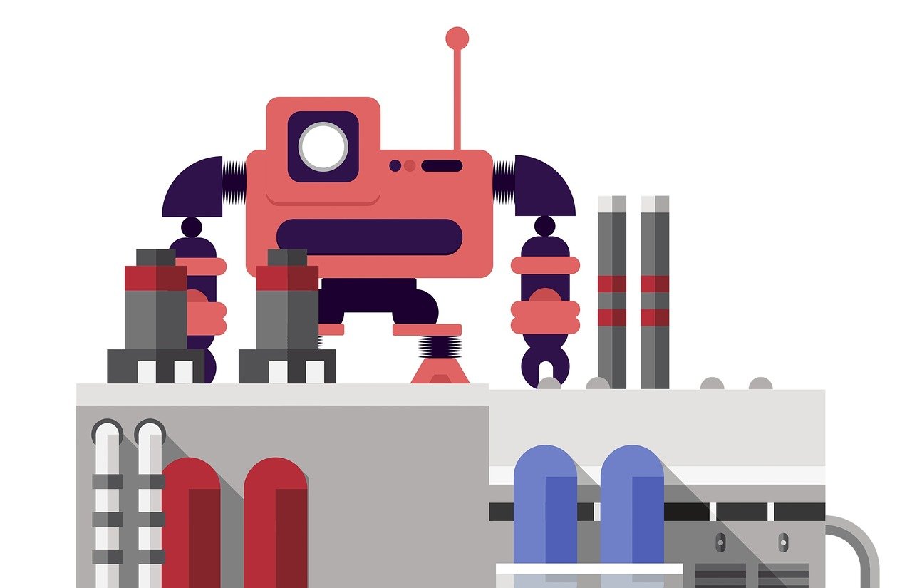 a red robot standing on top of a building, inspired by Ivan Generalić, flat illustration, factory floor, in a lab, assembled