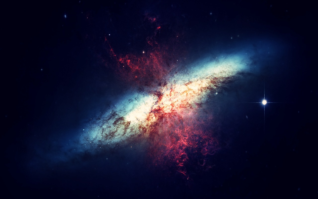 a close up of a galaxy with a star in the background, digital art, by Adam Marczyński, space art, thick dust and red tones, computer wallpaper, blue nebula, a wide shot