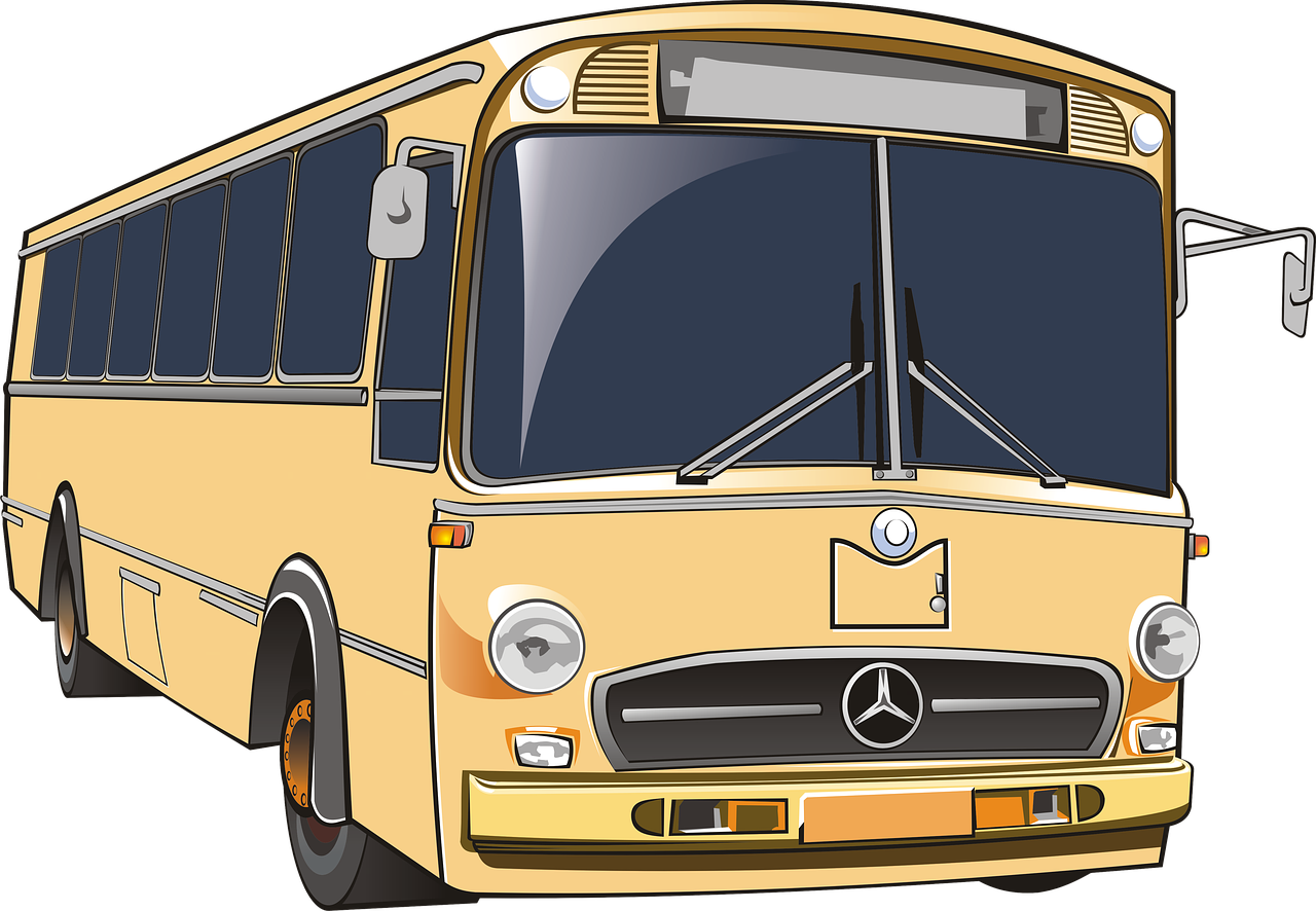 a yellow bus driving down a street next to a traffic light, vector art, pixabay, art nouveau, mercedez benz, on black background, full front view, 7 0 - s