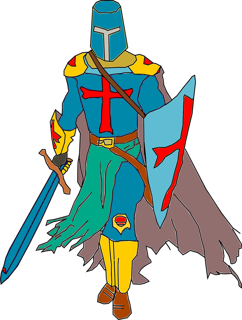 a cartoon knight with a sword and shield, inspired by Howard Pyle, sots art, filmation animation, ms paint drawing, god of death, set back dead colors