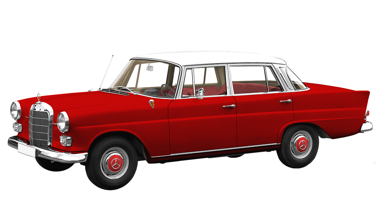 a red and white car on a black background, a digital rendering, inspired by Slava Raškaj, photorealism, 6 0's, mercedez benz, modeled in poser, vintage - w 1 0 2 4