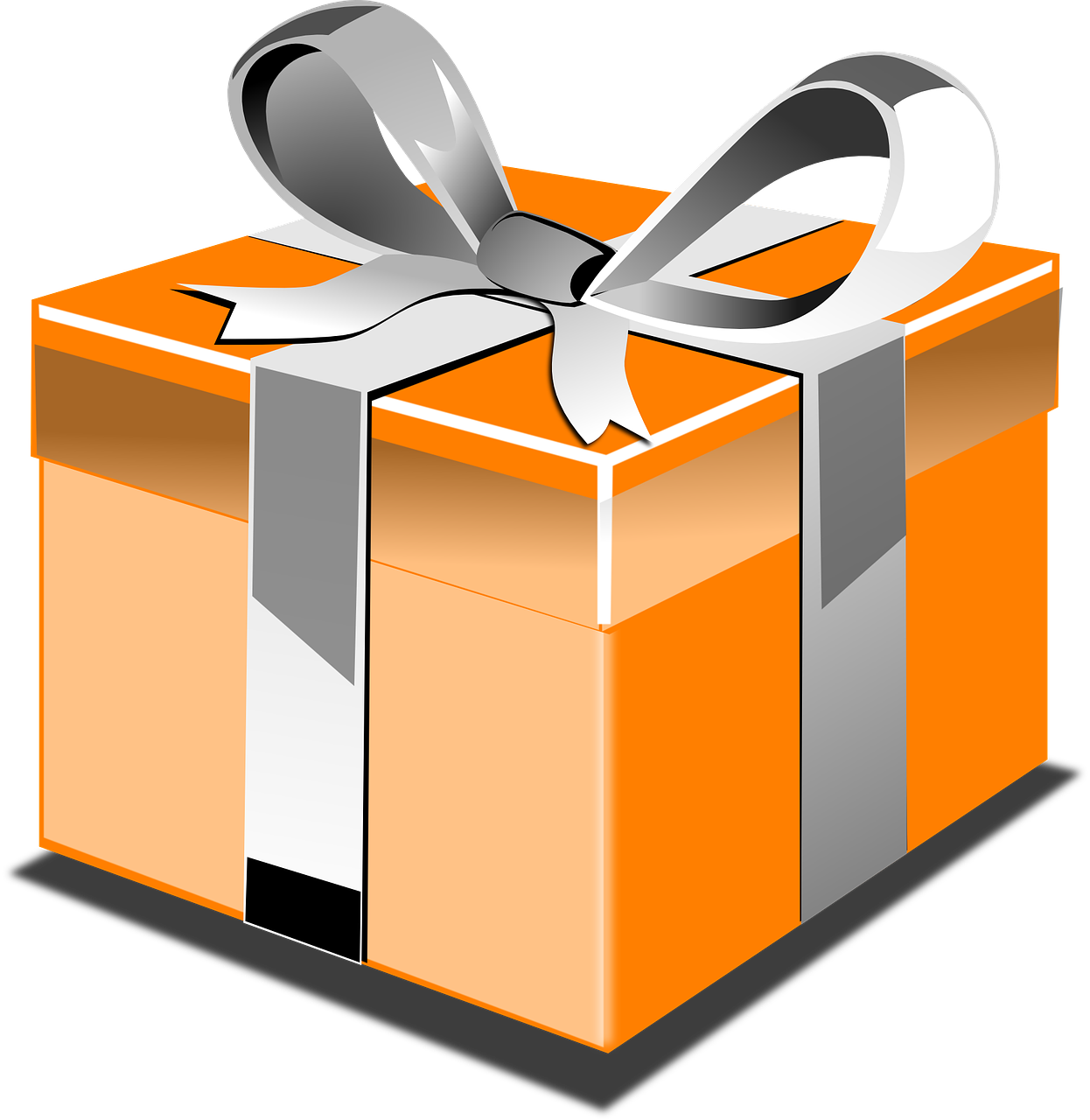 an orange gift box with a silver ribbon, pixabay contest winner, computer art, black and orange, illustrator vector graphics, various posed, theft