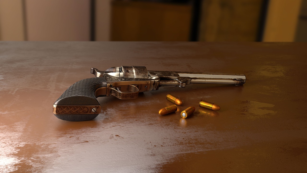 a gun sitting on top of a wooden table, a 3D render, trending on polycount, photorealism, gold-shot, oldwest, bullets, 8 k octanerender