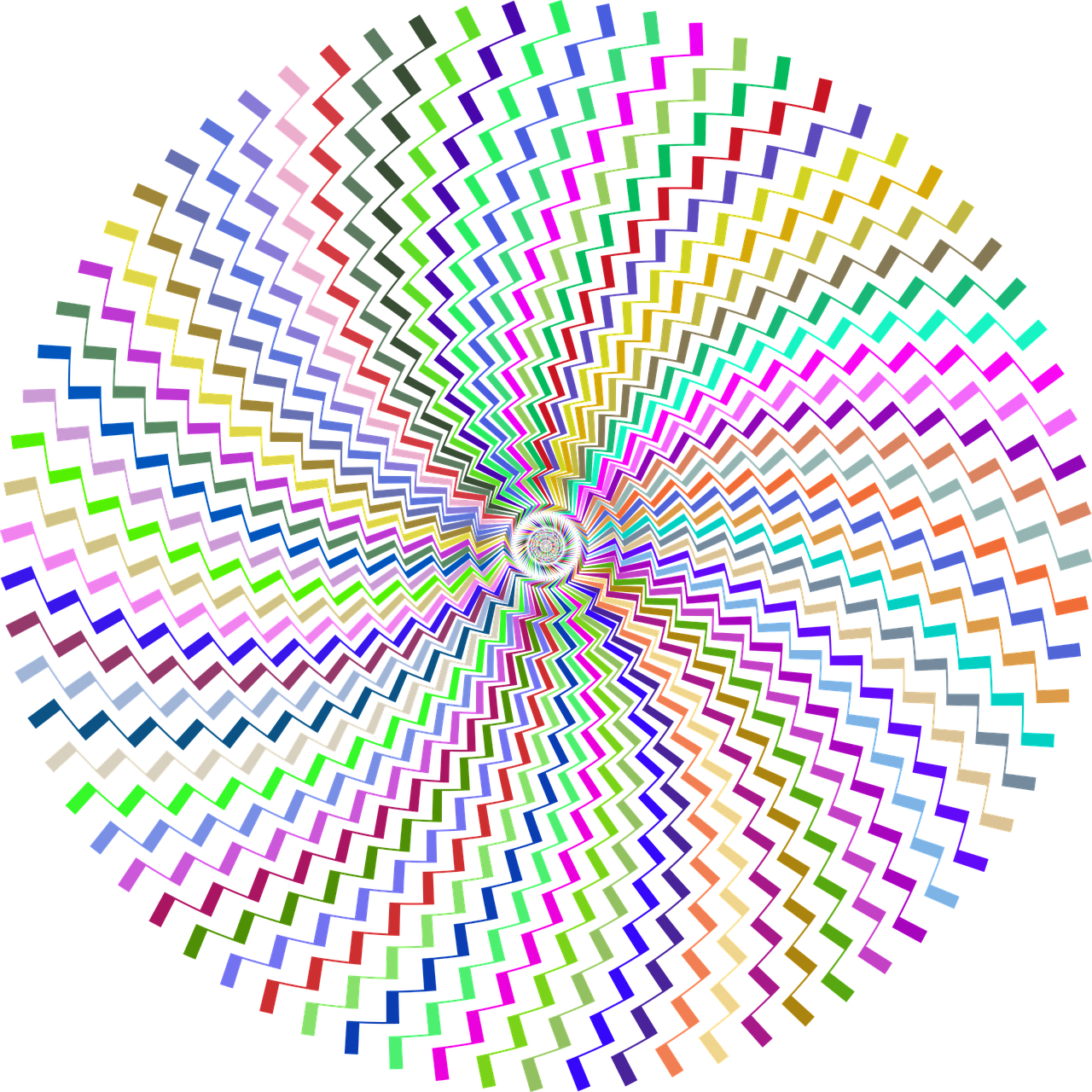 a multicolored circular design on a black background, a digital rendering, inspired by Konrad Klapheck, flickr, zig zag, no gradients, spinning, pixel mosaic