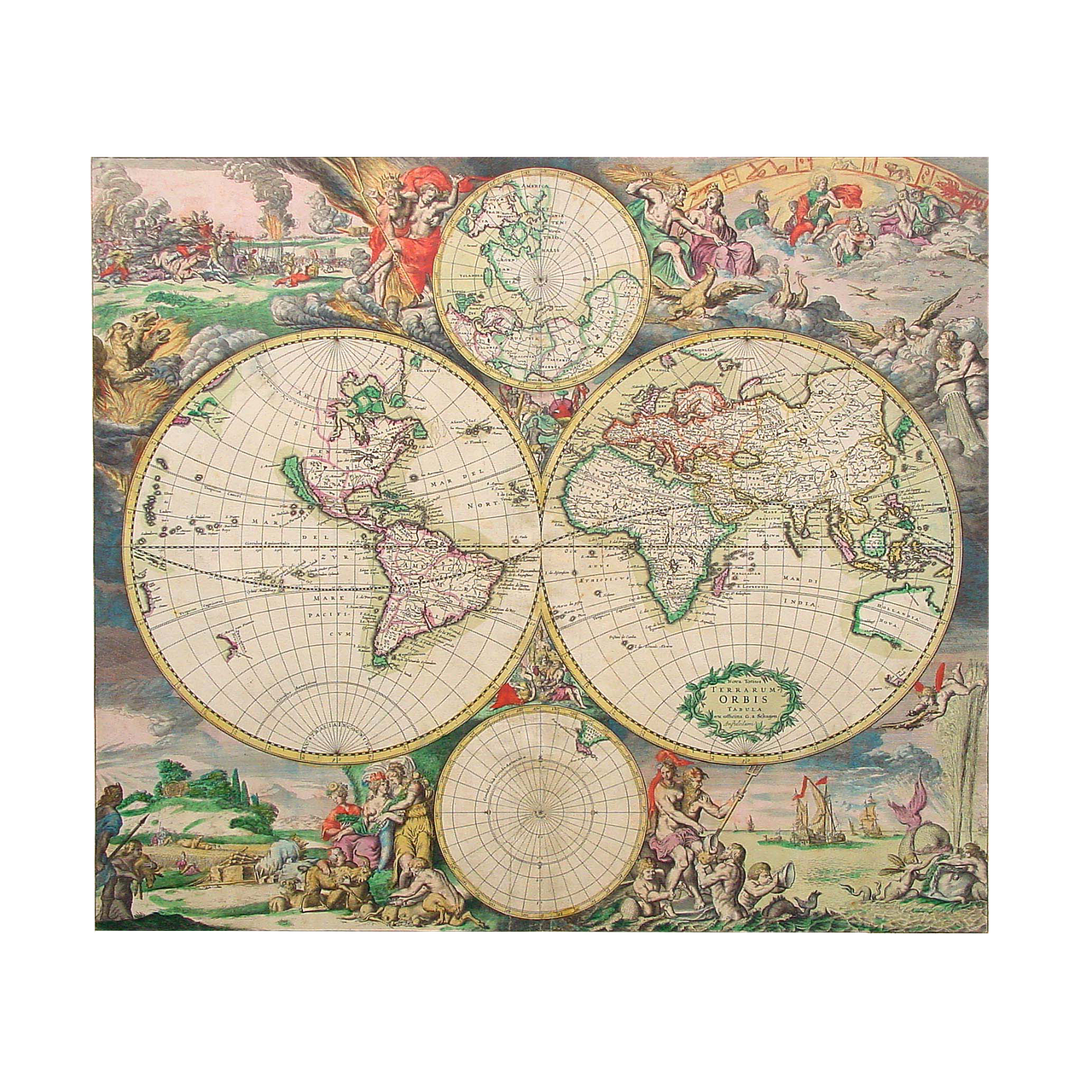 a close up of a map of the world, by Frederik Vermehren, baroque, three views, 4 color print, -w 1024, vivid!!