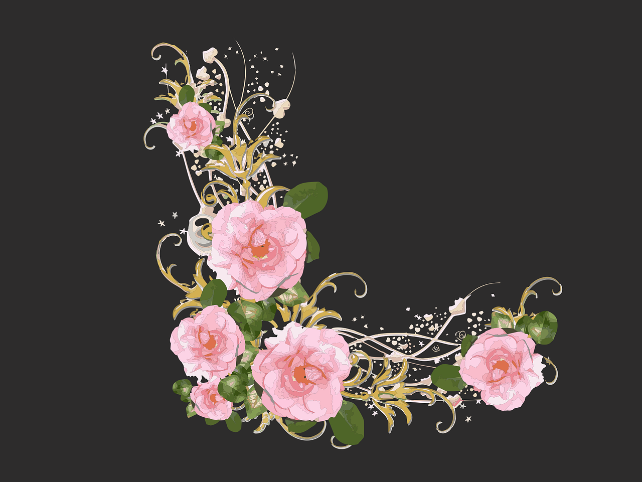 a floral design with pink roses on a black background, a digital rendering, art nouveau, golden jewelry filigree, without text, rose-brambles, golden ratio illustration