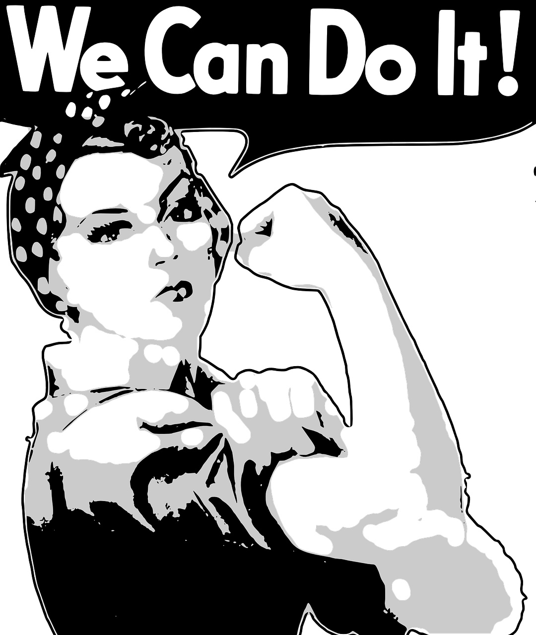 a black and white drawing of a woman with the words we can do it, inspired by Cleon Peterson, pixabay, pop art, black backround. inkscape, shirt art, frida, [ closeup ]!!