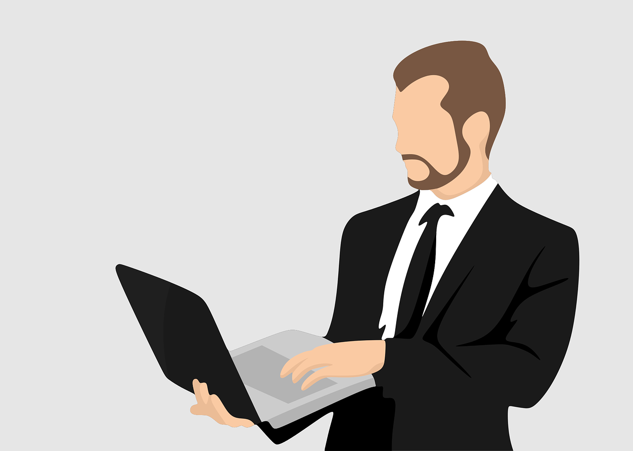 a man in a suit holding a laptop, pixabay, computer art, modern simplified vector art, on a gray background, illustrator vector graphics, no background and shadows