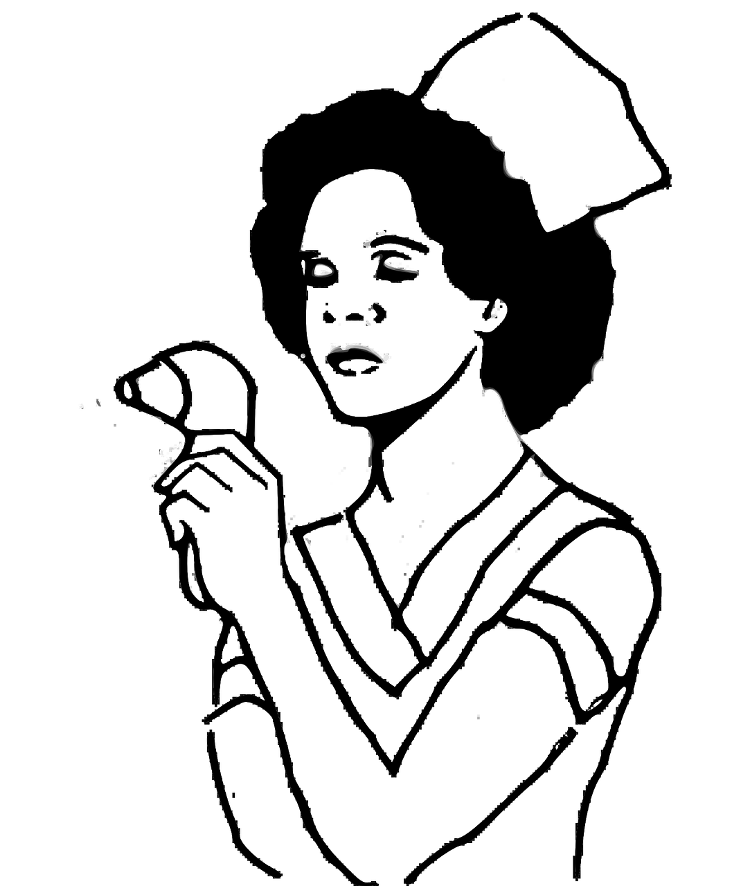 a black and white drawing of a woman holding a cell phone, inspired by Carrie Mae Weems, tumblr, ascii art, made in paint tool sai2, she is eating a peach, sigourney weaver, uncompressed png