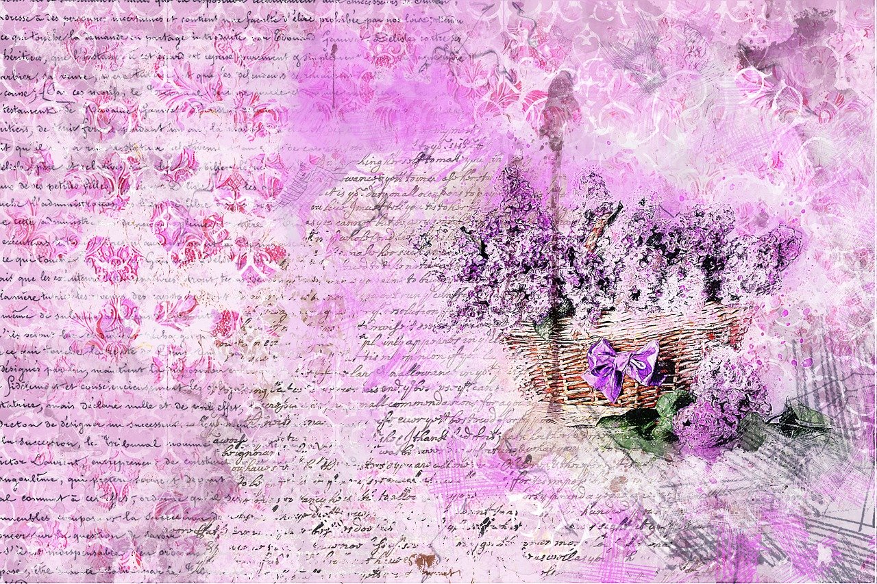 a basket filled with purple flowers sitting on top of a piece of paper, a digital rendering, by Alice Prin, trending on pixabay, romanticism, scrapbook paper collage, paris background, light pink tonalities, neon color mixed media painterly