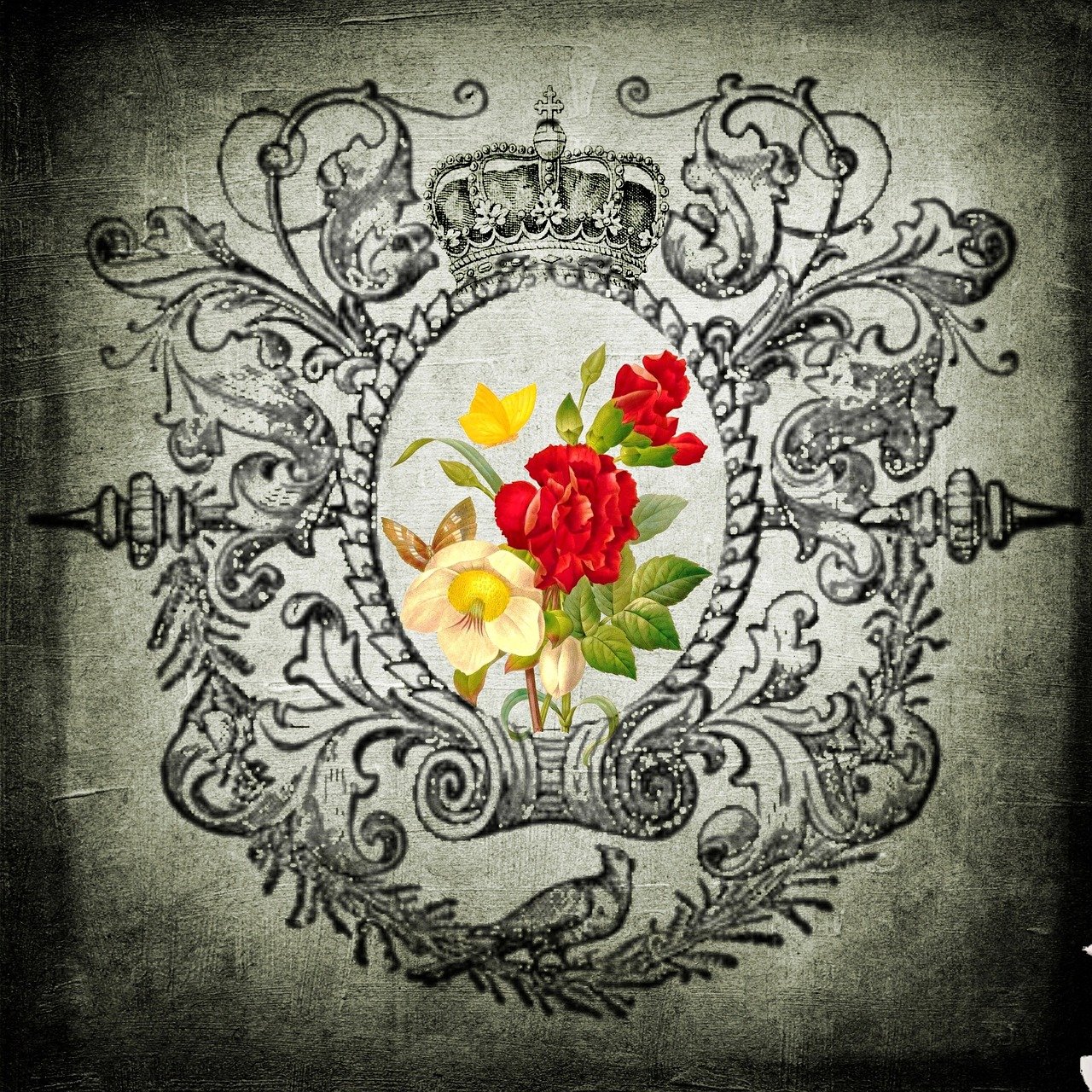 a picture of a bunch of flowers in a frame, a digital rendering, inspired by Mary Adshead, shutterstock contest winner, rococo, grungy, family crest, album cover!, mirror background