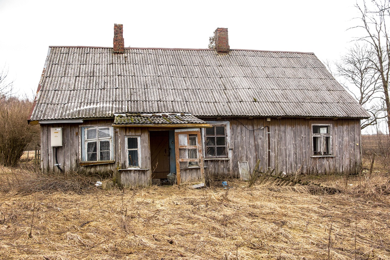 an old wooden house sitting in the middle of a field, a portrait, by Petr Brandl, shutterstock, photo of poor condition, low ultrawide shot, yard, old skin