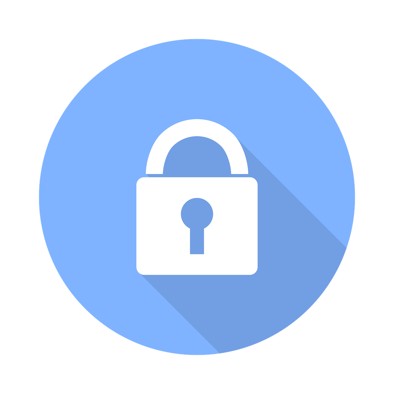 a white padlock with a long shadow on a blue circle, pixabay, on a flat color black background, material design, 🎨🖌️, plan