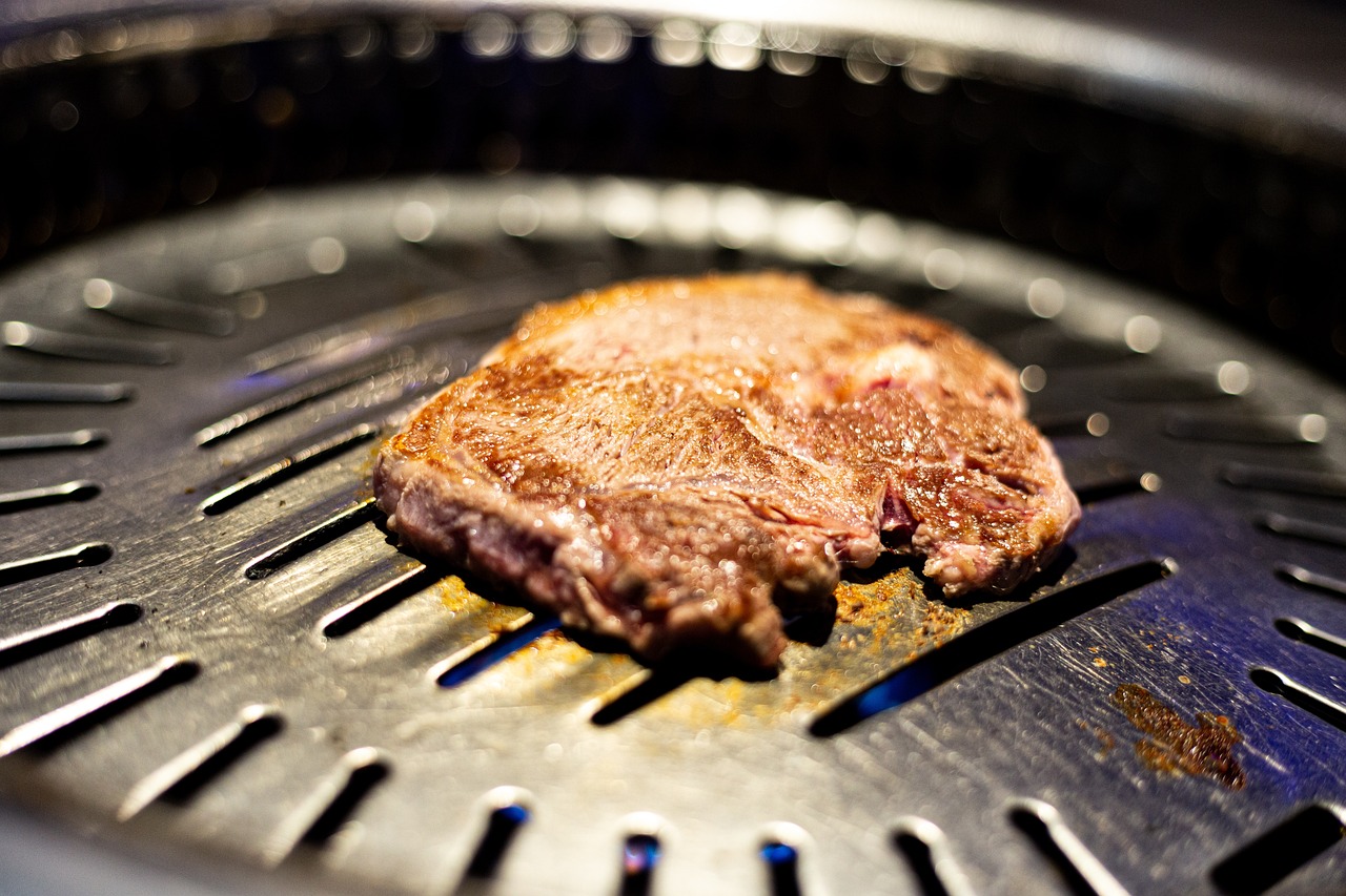 a close up of a steak on a grill, a stock photo, koji morimoto shinjuku, round head, hyperealistic photo, flash photo