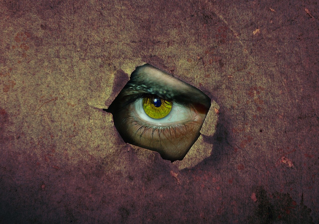 a close up of a person's eye through a hole, a picture, surrealism, yellow eyes, on old paper, face photo, horrific background