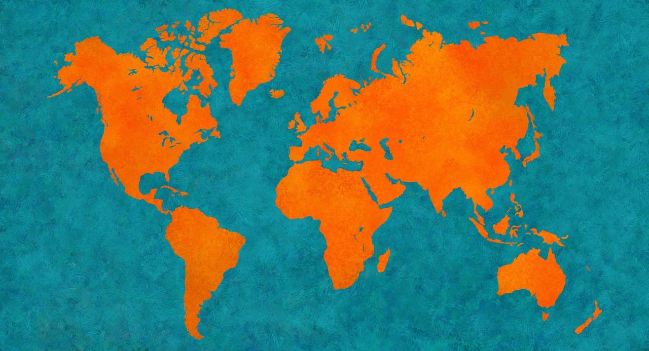 a blue and orange map of the world, an album cover, by Richard Carline, trending on pixabay, fine art, painted texture maps, simple stylized, istockphoto, orange and green power