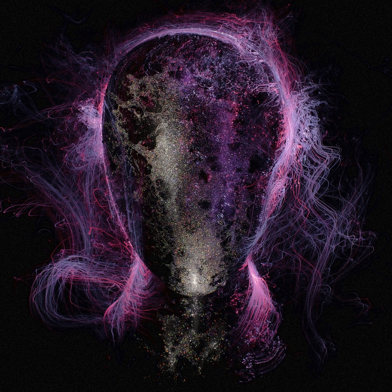 a close up of a person's head with smoke coming out of it, digital art, by Anna Füssli, generative art, purple bioluminescence, intricate broken space helmet, tentacles in universe, packshot