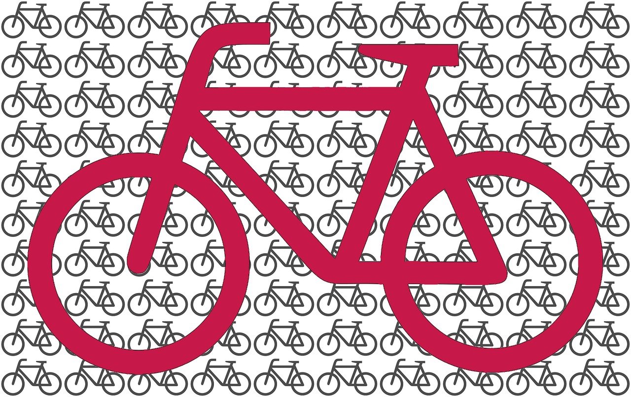 a red bicycle is surrounded by a lot of bicycles, trending on pixabay, panfuturism, icon pattern, train with maroon, rectangle, monochrome