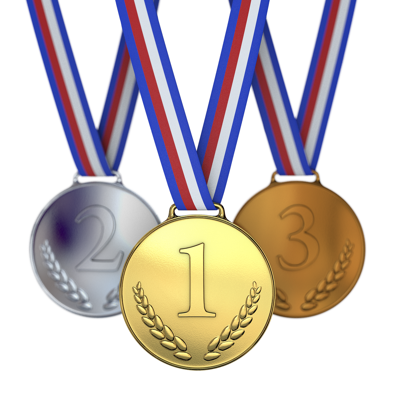 three medals with red, white, and blue ribbons, a digital rendering, by Dietmar Damerau, photorealistic detailed picture, on a black background, beginner, gold silver