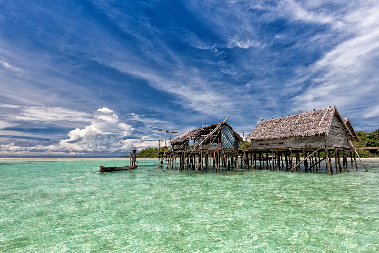 a boat that is sitting in the water, a picture, by Erik Pevernagie, shutterstock, sumatraism, houses on stilts, wide shot!!!!!!, deserted, background is heavenly