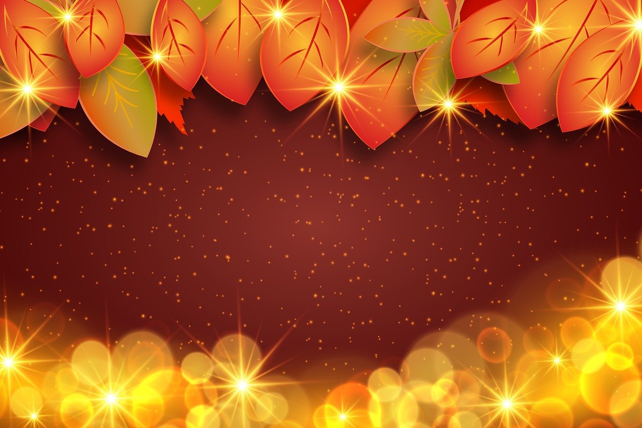 a beautiful autumn background with leaves and sparkles, red background photorealistic, both bright and earth colors, beautiful!!, illuminating the area