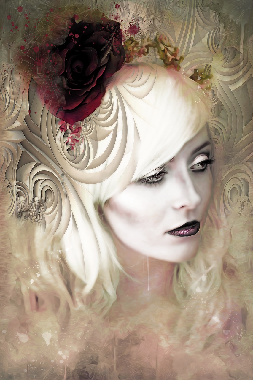 a woman with a flower in her hair, an airbrush painting, inspired by Ray Caesar, gothic art, abstract smokey roses, close up portrait photo, a beautiful woman in white, digital art but photo