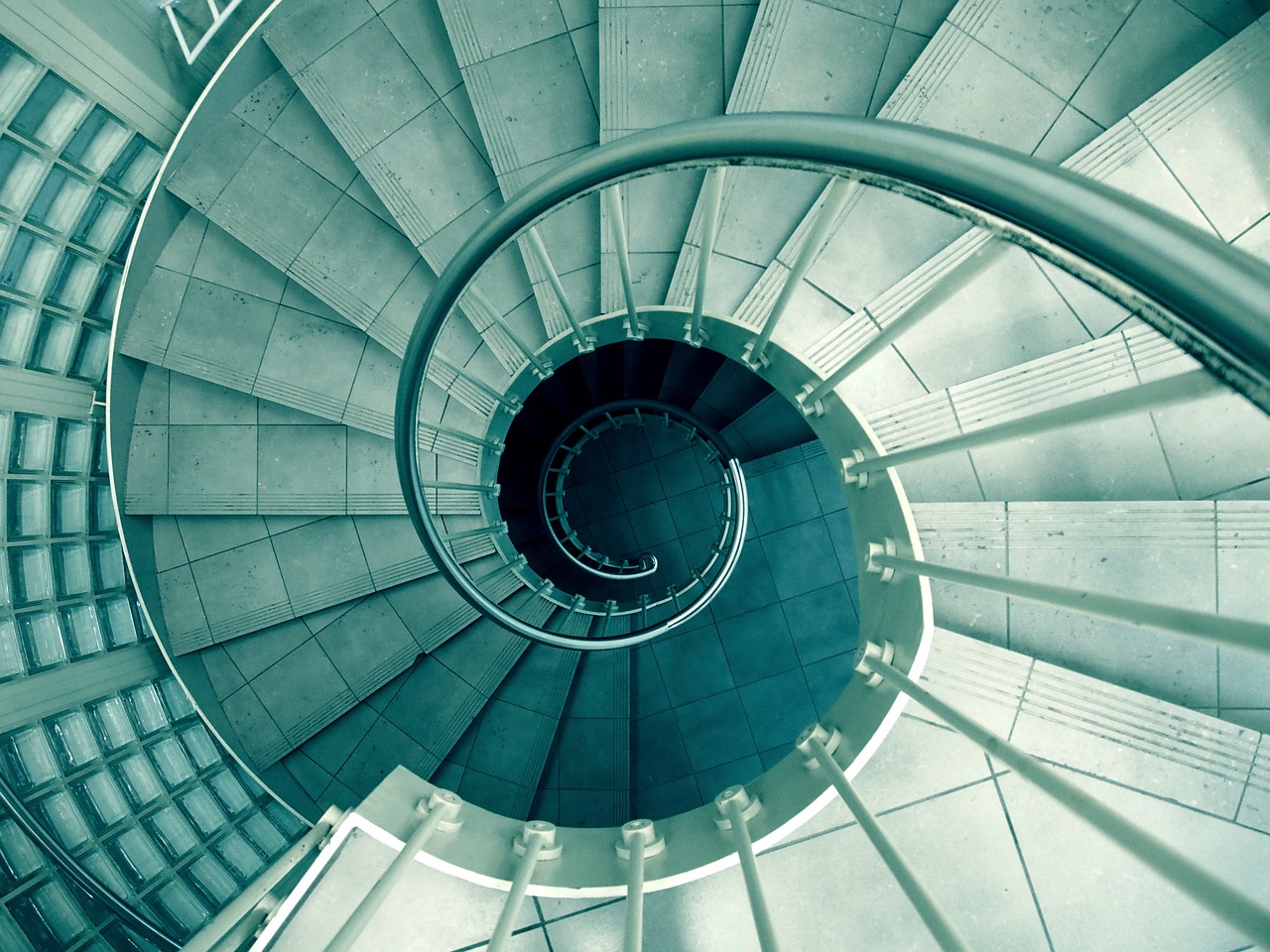 a spiral staircase leading to the top of a building, by Karl Buesgen, flickr, blue toned, infinite possibilities, wallpaper”, spiral horns!