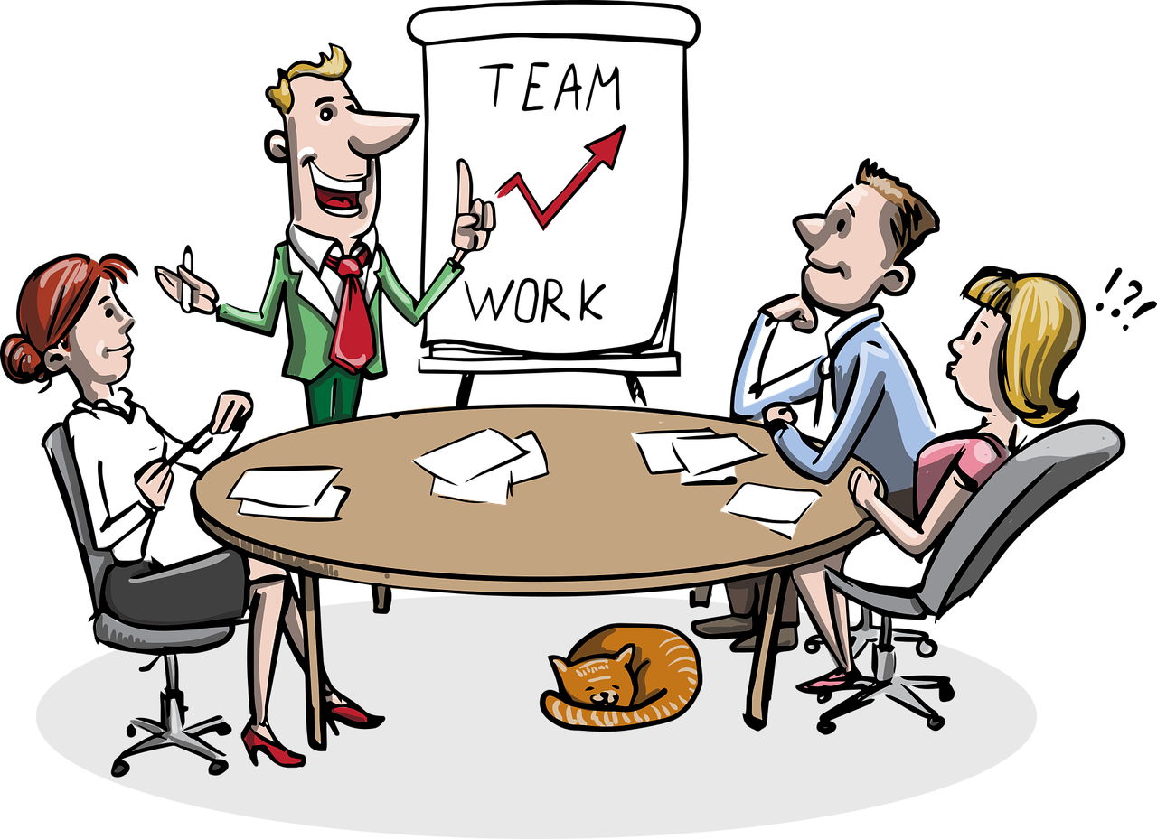 a group of people sitting around a table, a cartoon, by Bob Singer, digital art, cat on the table, on black background, business meeting, with pointing finger