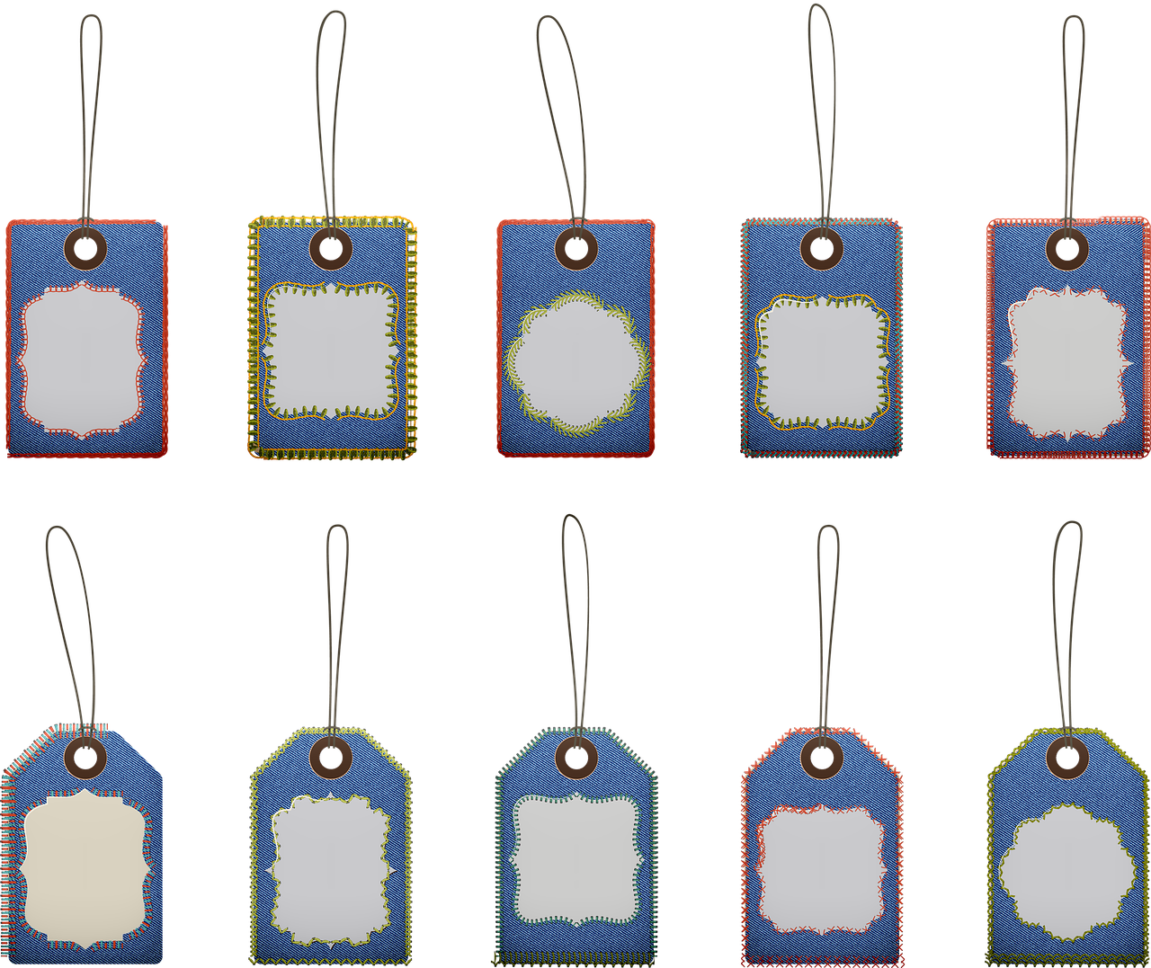 a bunch of tags sitting on top of each other, with ornamental edges, royal blue colors, stock, full res