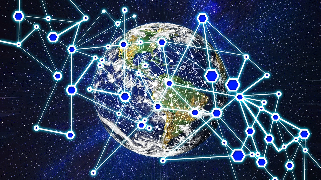 the earth is surrounded by a network of blue dots, a digital rendering, digital art, 💣 💥💣 💥, polyhedron, trending on, crypto