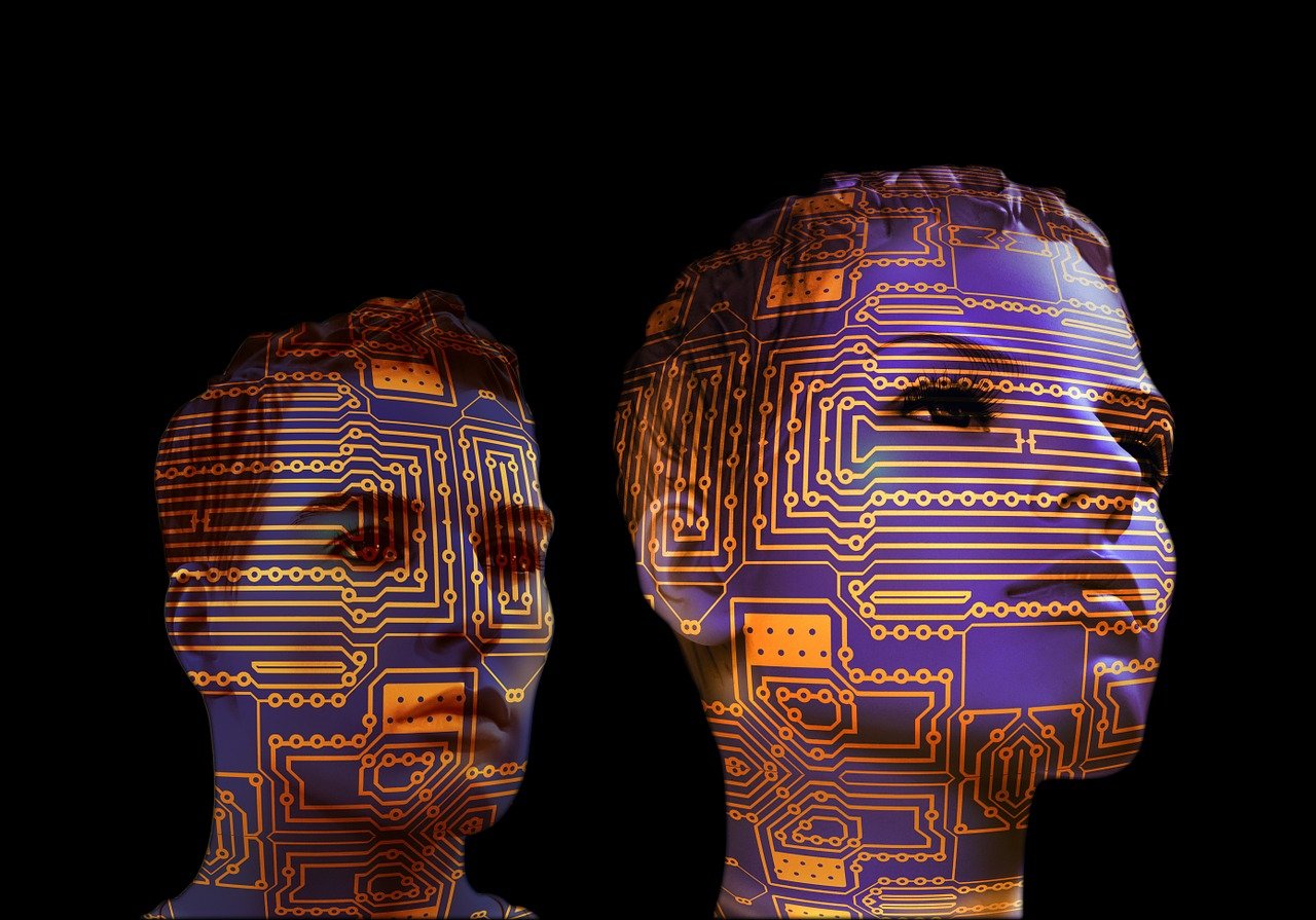 a close up of two heads in front of a black background, digital art, robotics, computer generated, datanft as a data avatar, actual photo