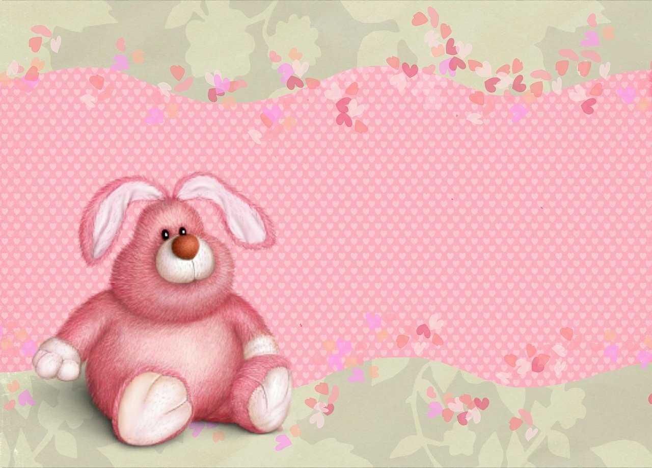 a pink teddy bear sitting in front of a pink background, a picture, digital art, bunny, widescreen, background bar, card